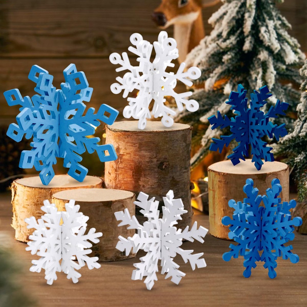 SolidKeus - Set van 3 Houten Sneeuwvlokken voor Tafeldecoratie