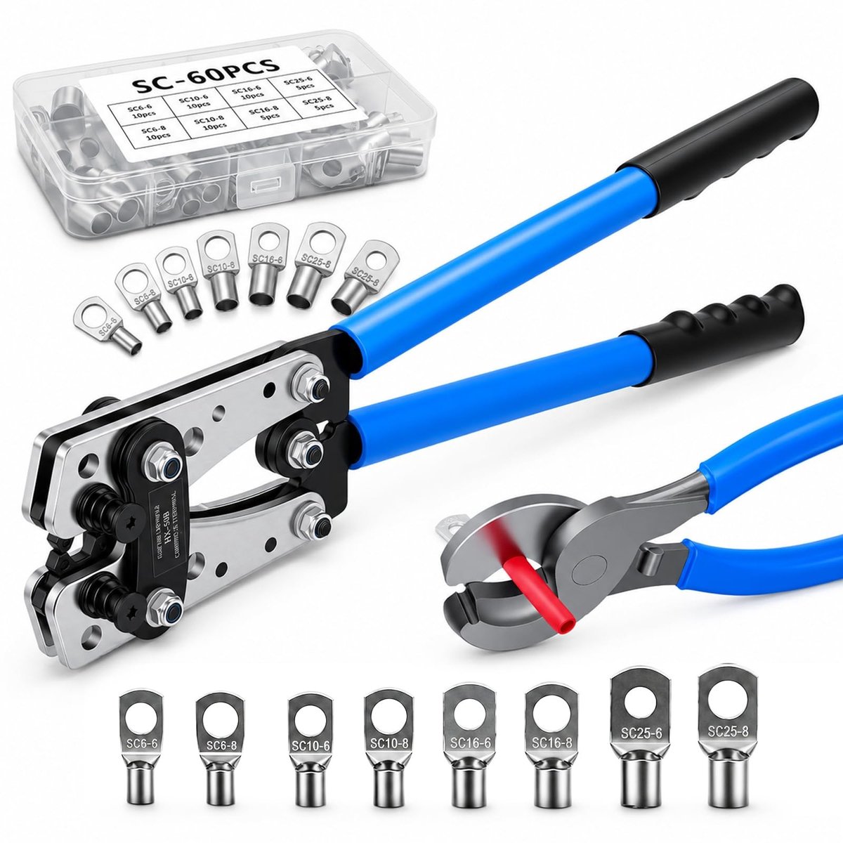 Krimptang Set - Kabelschoen Tang - Elektrische Verbindingen - 50% Inspanningsbesparing - 6-50 mm² - Zilver