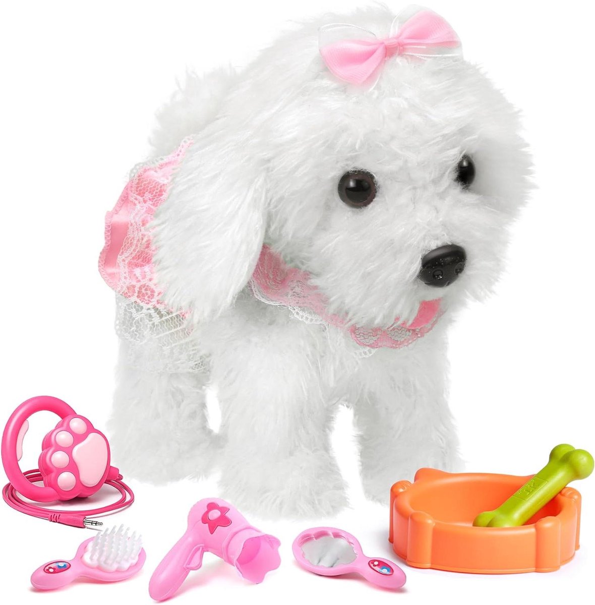 Elektronisch pluche puppy - Interactief speelgoed - Spelen en verzorgen - Afstandsbediening en interactief - 23 cm hoog - Wit
