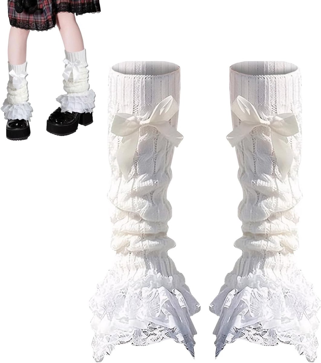 Schattige Lange Sokken met Strik en Kant, Kniehoog, Perfect voor Lolita Kostuums en Feestaccessoires, 1 Paar, Wit
