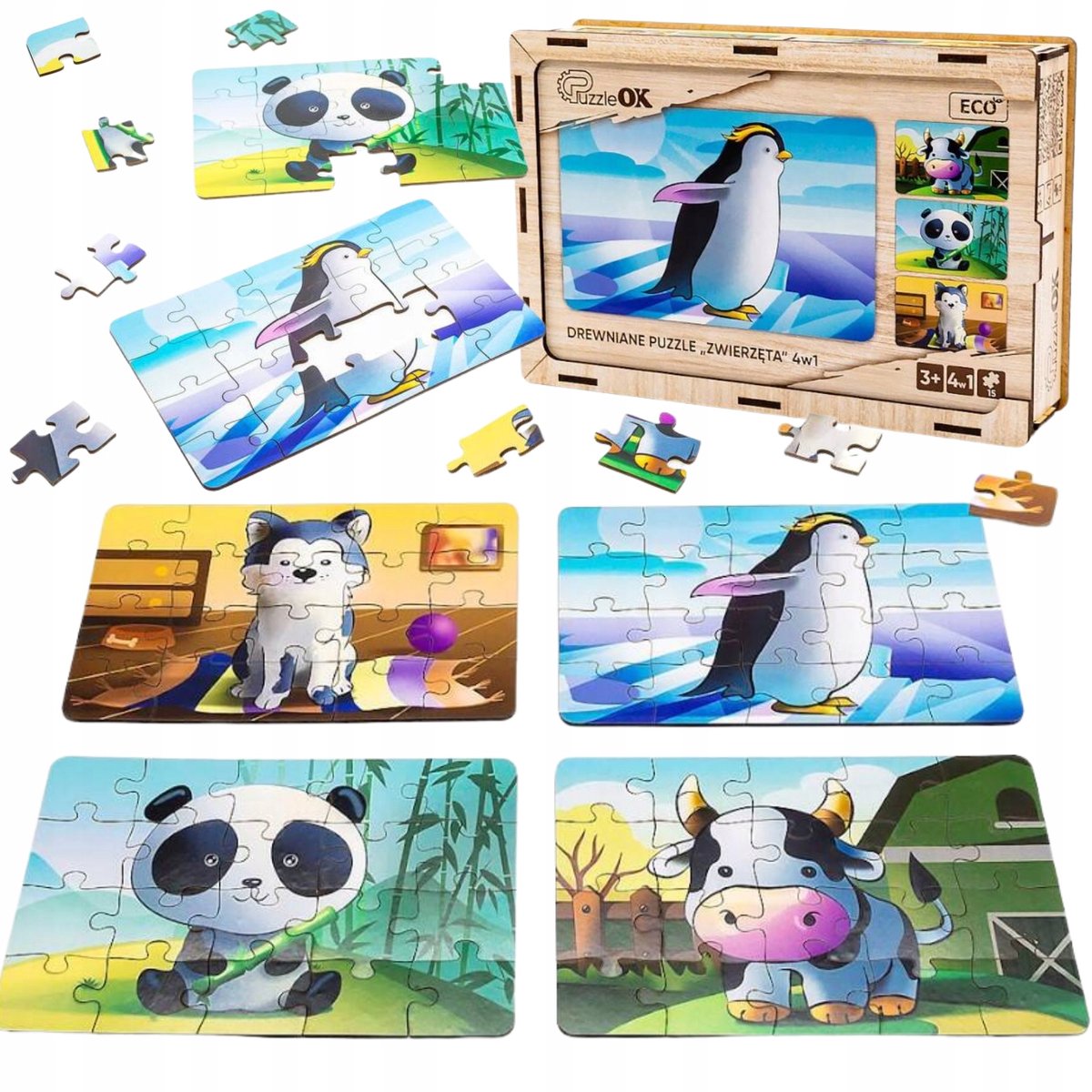 Houten puzzel 4-in-1 Dieren - Educatief en veilig speelgoed