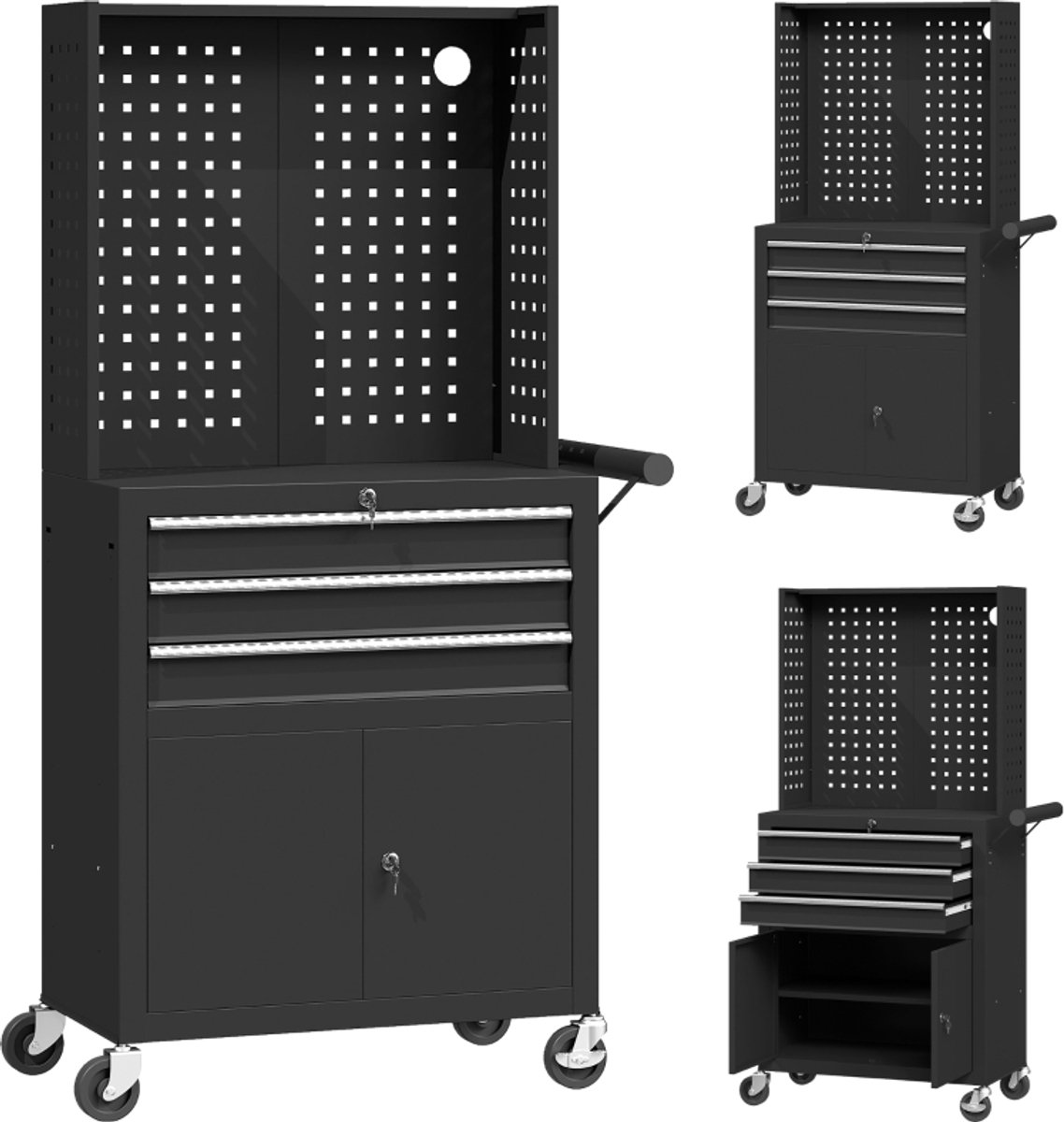 COVREO Gereedschapskast 69x33x133 cm zwart met 3 lades en perforatieplaat
