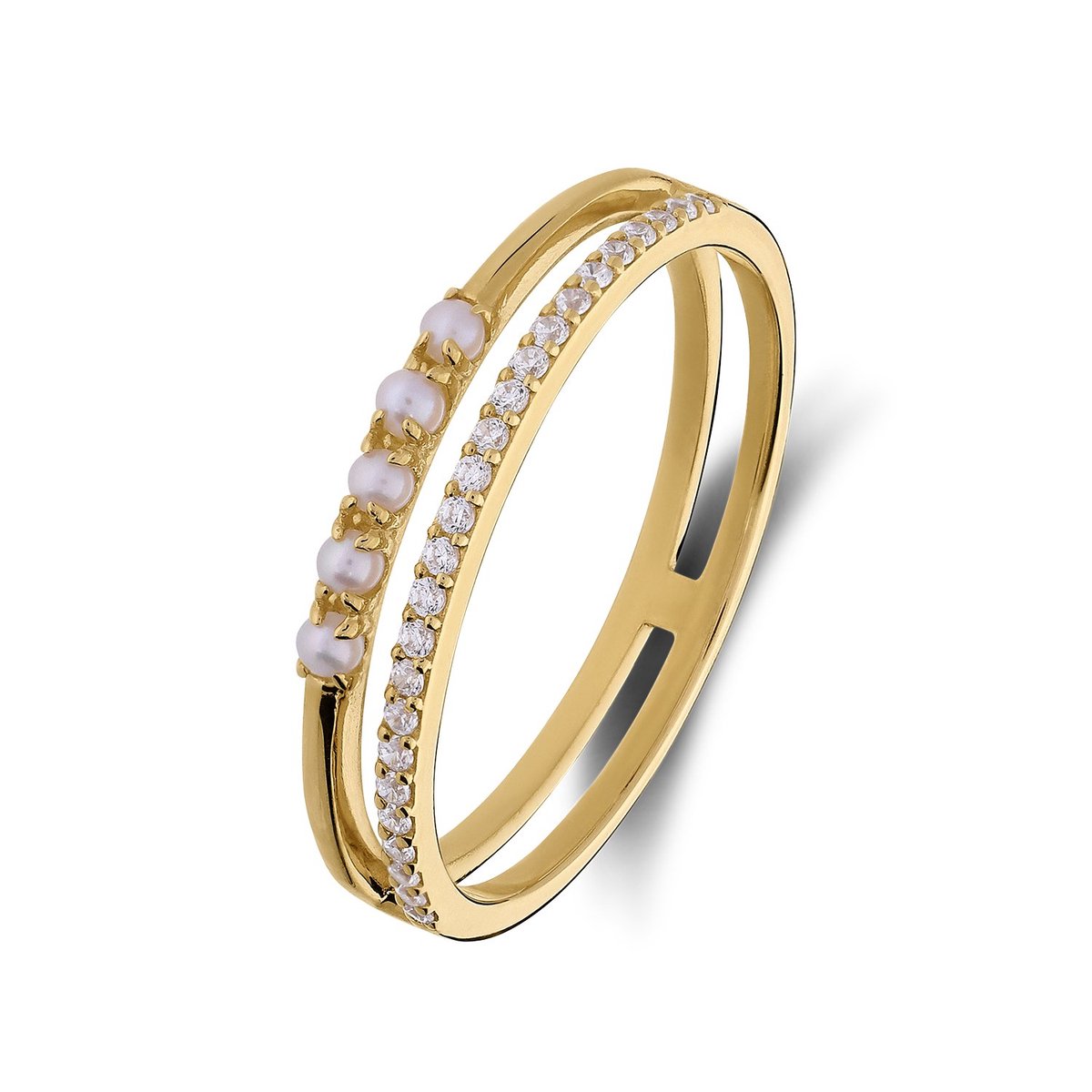Lucardi Dames 14 karaat gouden ring met zirkonia en zoetwaterparel - Ring - 14 Karaat Goud - Goud - 17.50 / 55 mm