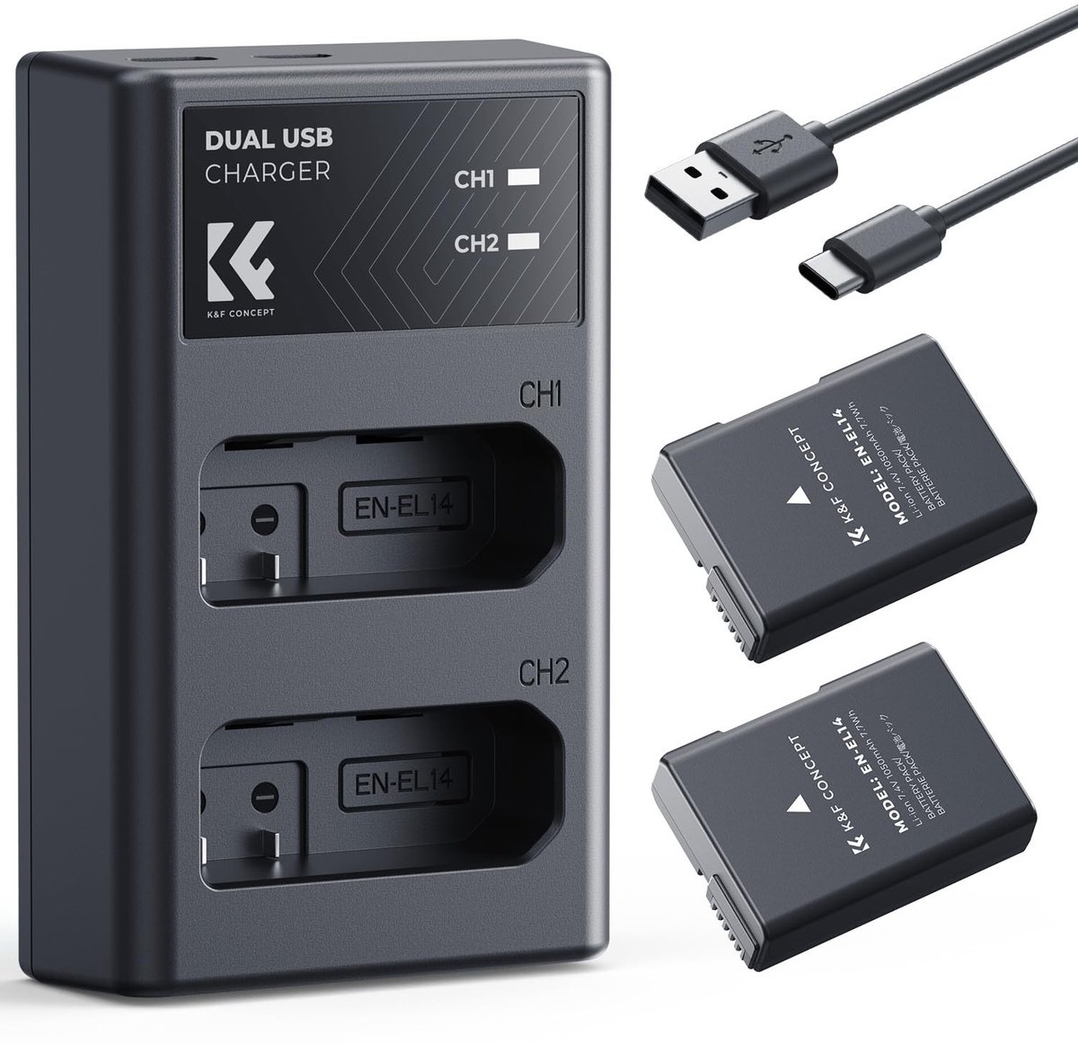 SolidKeus - EN-EL14 Batterij en Dubbele USB Oplader voor Nikon Camera's
