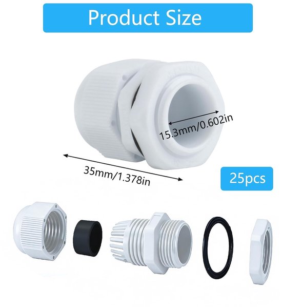 25 waterdichte kabelwartels M20, IP68 nylon kabelverbindingen voor tuin en buitengebruik, schakel- en verdeelkasten, 25 stuks — afbeelding 5