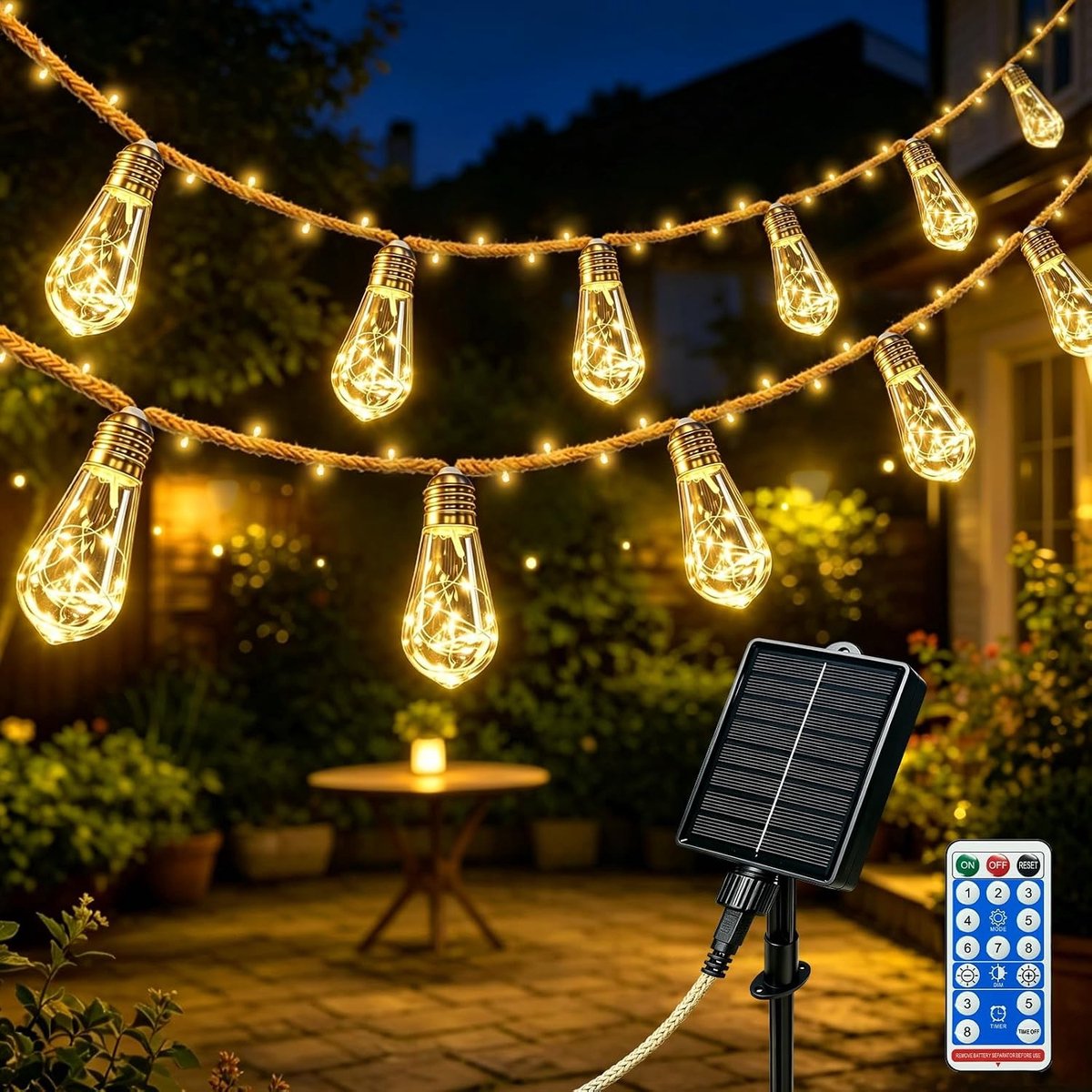 Tuinverlichting buiten lichtsnoern - Warmwit - 15 LEDs - Zonne-energie Lichtsnoer met Henneptouw - Voor Buitengebruik