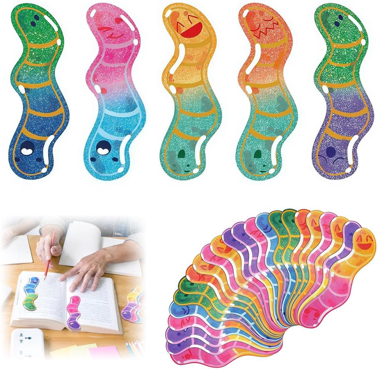 100 Stück Wurm-Lesezeichen im Großpack – schattige, holografische glinsterende rubberen wormen als leuke bladwijzers voor kinderen, volwassenen en docenten, ideale geschenken & partijtjes voor