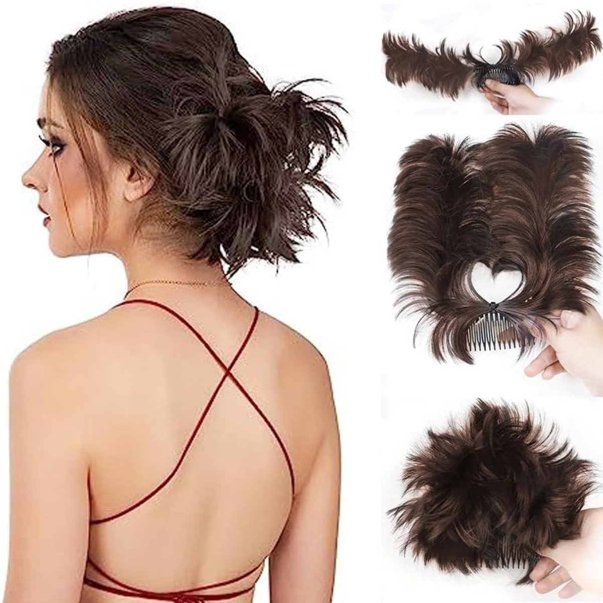 Haarextensies, kammen, haarverlenging, korte paardenstaart, haarknot, haarelastiek, opgestoken kapsels, Hepburn-knot, Messy Bun haarstukjes, paardenstaart-roodje (8#)