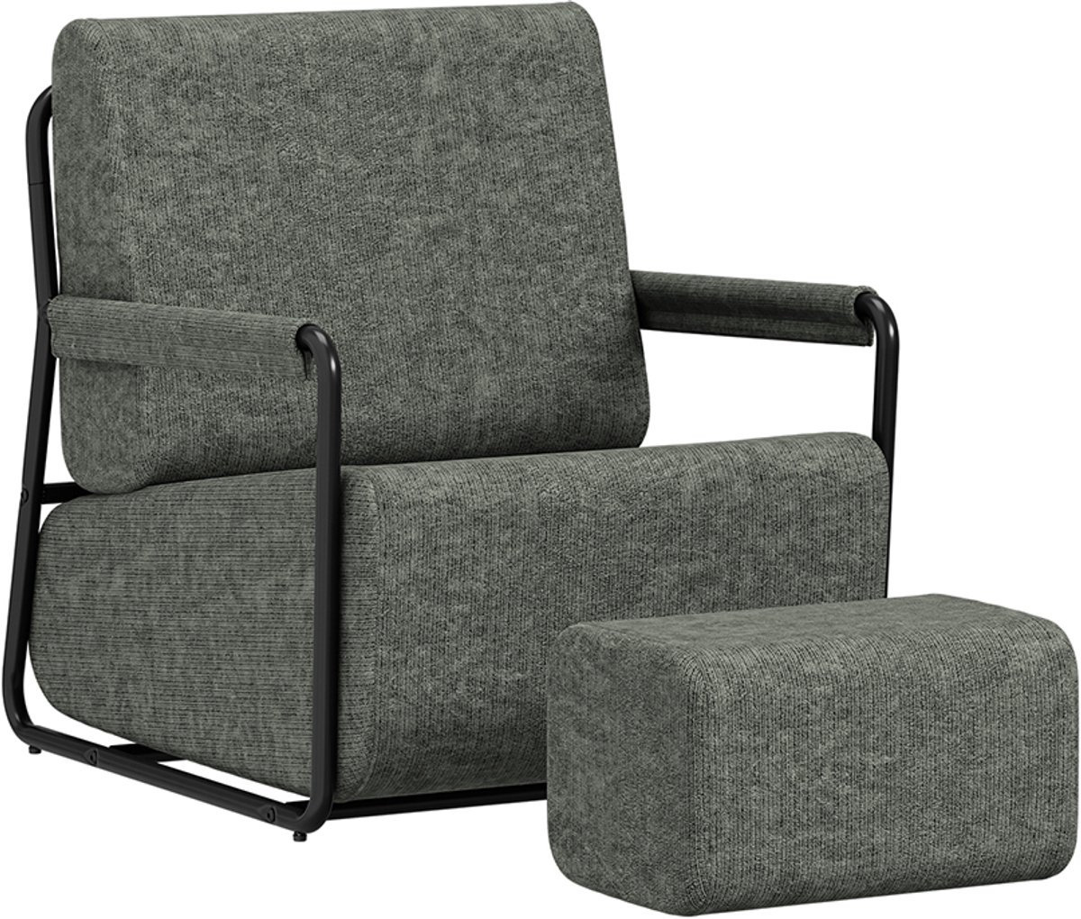 SoBuy Fauteuil met Voetenbank - Stof Donkergrijs - Metalenvoetstuk - Verwijderbare Kussens - Bijpassende Voetenbank | FST99-DG