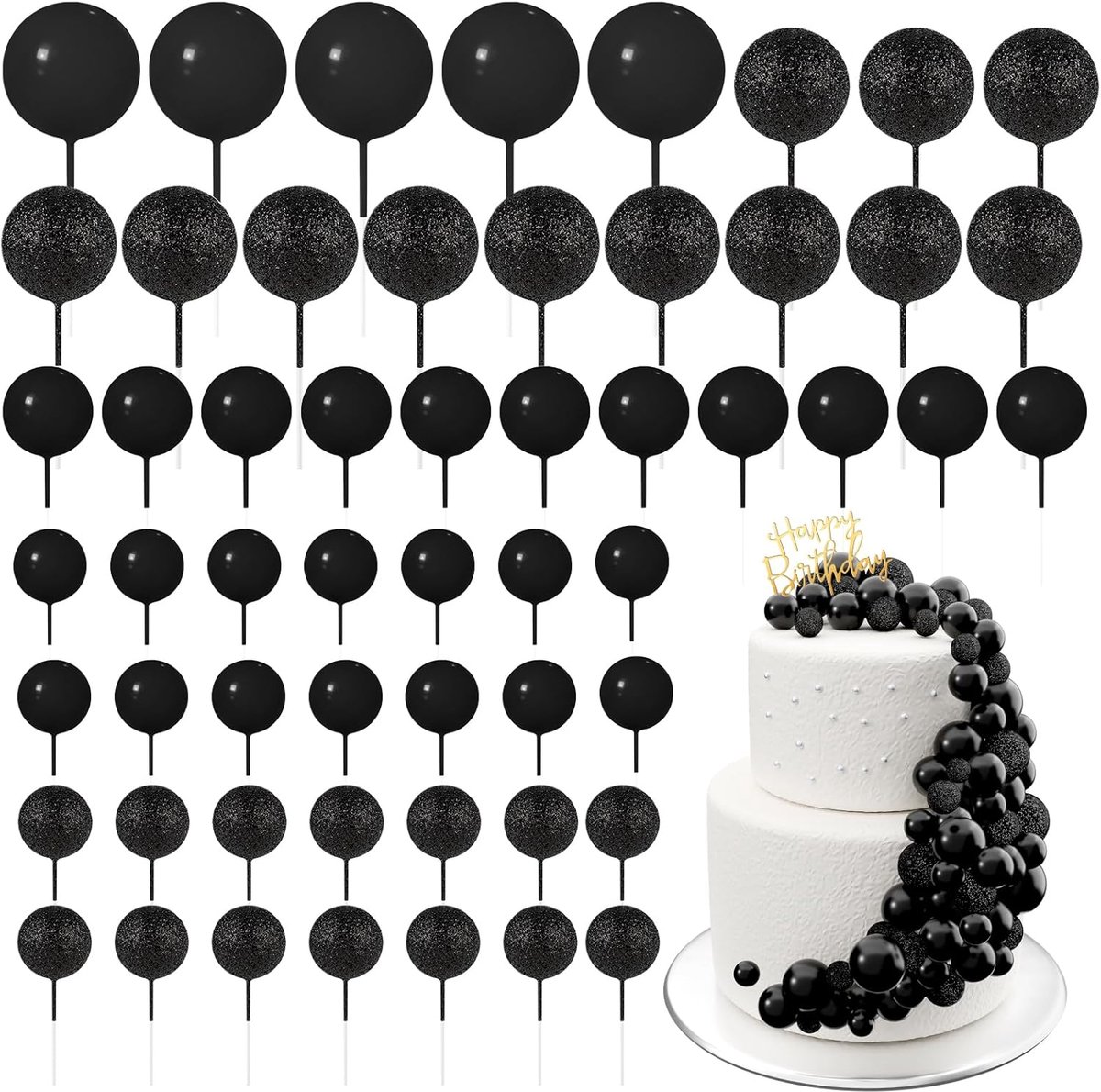 60 stuks glitter taartballen decoraties schuim taarttopper ballen mini ballon cupcake toppers voor taart decoreren verjaardag babyshower feest (glitter zwart)