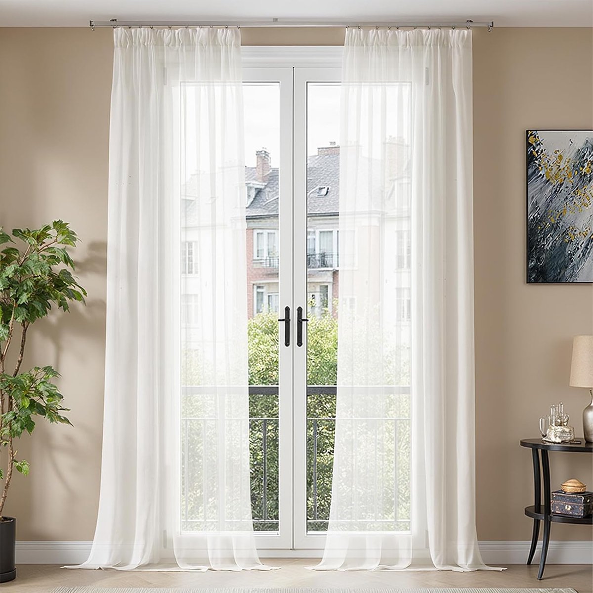 Witte voile gordijnen met plooiband, transparante gordijnen voor woonkamer, slaapkamer, chiffon, doorzichtig, voor railsysteem, moderne lussen, set van 2, 245 x 140 cm (h x b)
