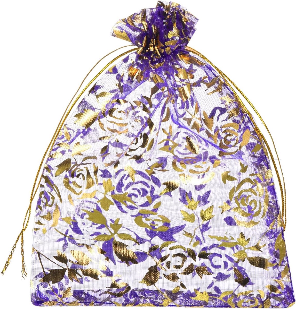 Organzazakjes, 100 stuks, 10 x 15 cm, cadeauzakjes, sieradenzakjes, bloemenpatroon, mesh-zakjes met trekkoord, organzazakjes voor bruiloft, feest, Kerstmis, snoep, paars-goud