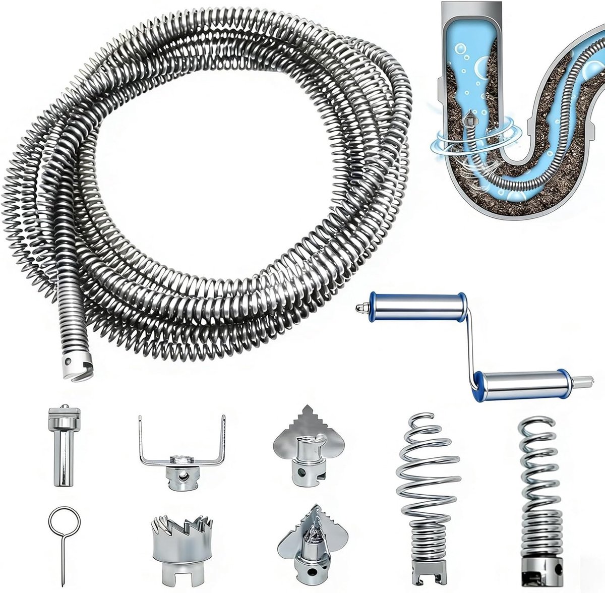Pijpreinigingsspiraal - 5 m x 12 mm - afvoerreiniger - spiraal met 6 snijkoppen - verzinkt staal - afvoerspiraal voor toilet - gootsteen - vloerafvoer - handmatig en elektrisch te gebruiken