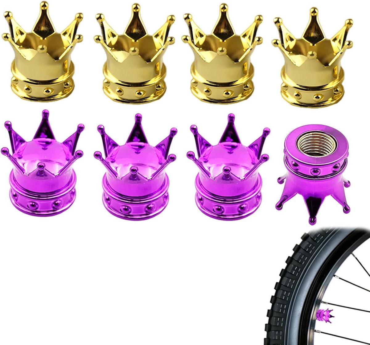 Reifenventilkappen met O-ring voor optimale stof- en vochtbescherming, eenvoudig te monteren, 8 stuks, 18×16 mm, paars & goud, perfect voor auto, SUV, fiets en motoraccessoires.