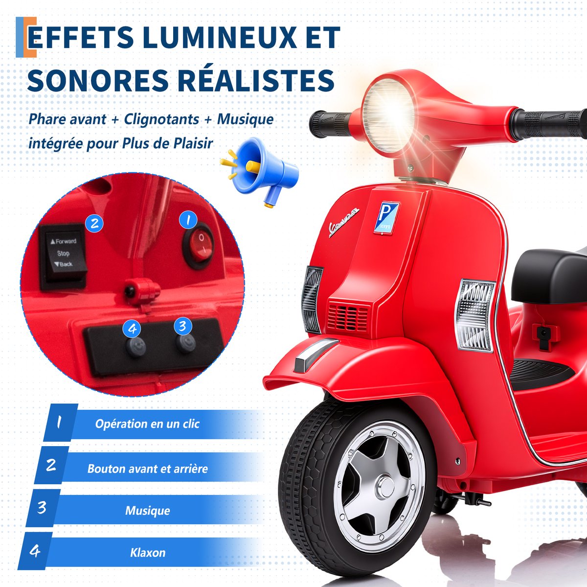 Danky Kindermotor - Elektrische 6V 4,5Ah - 25W motor, 3 km/u - Met steunwielen, LED, muziek & claxon - 67x57x40cm - Voor 3+ jaar - Rood