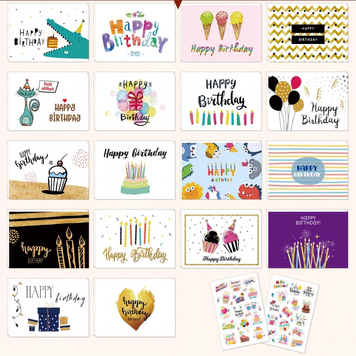 Omgoods - Set van 18 Verjaardagskaarten met Envelop en Stickers