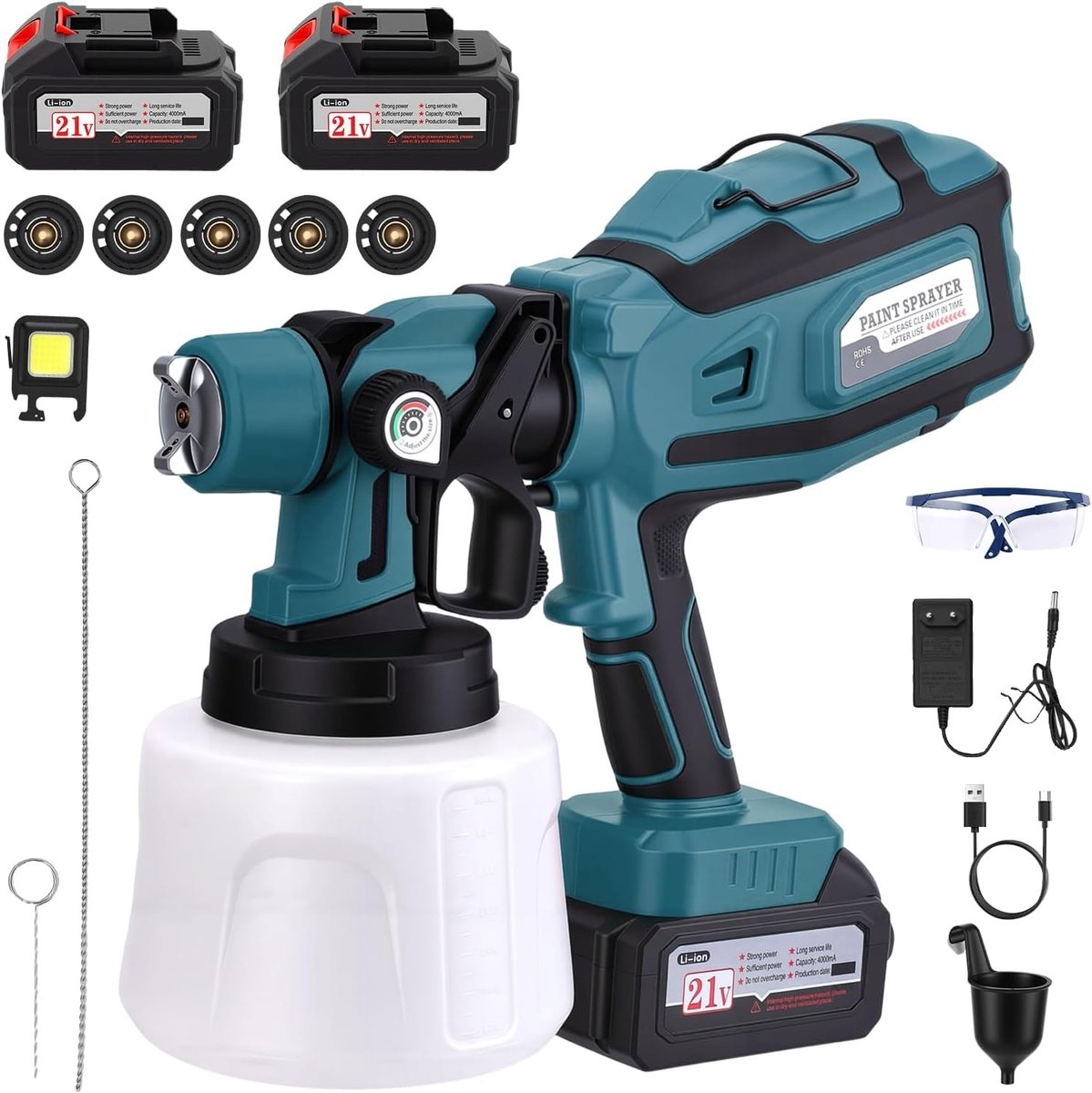 Krachtig verfspuitsysteem met 21 V, 300.000 omw/min, 5 sproeikoppen, 3 sproeimodi en 1400 ml reservoir voor muren, terrassen en schuren