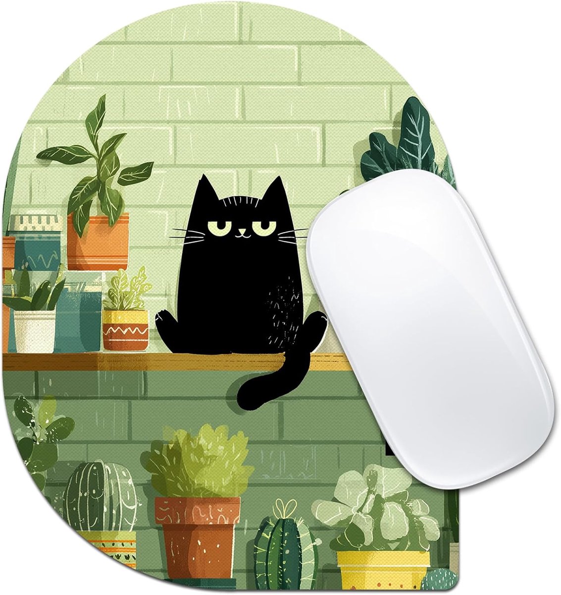 Zwarte kat muismat - 15 - 2 x 20 - 3 cm (6 x 8 inch) - groen botanisch ontwerp - draagbare muismat met ovale hoek en antislipbasis voor laptop - computer - schattige kat