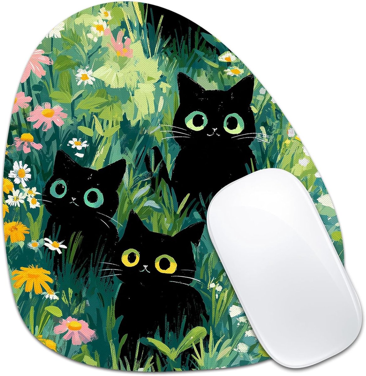 Zwarte kat muismat - 18 - 6 x 20 - 5 cm groen botanisch ontwerp - traanvormige draagbare muismat met antislip basis voor laptop - computer - zwarte katten