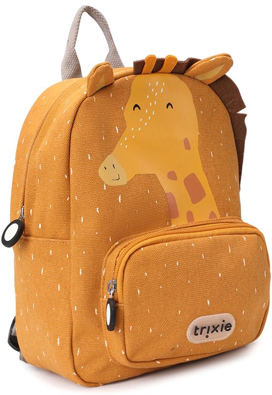 Gele rugzak met stippenpatroon en een afbeelding van de kop van een giraffe met bruine oren en manen.