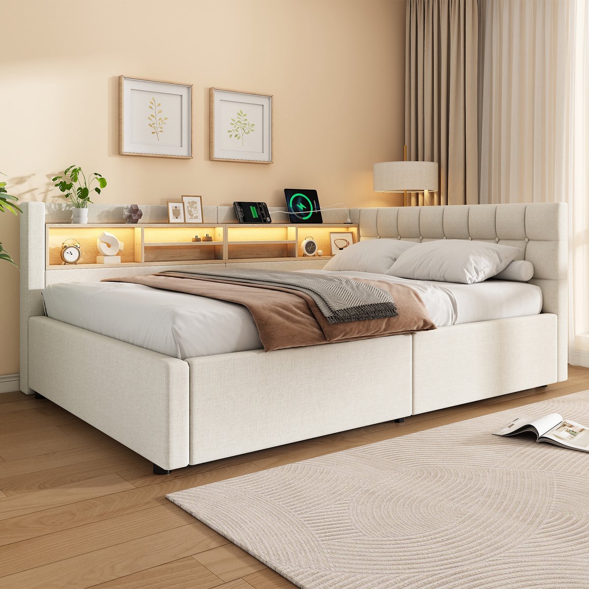 Slaapbank 140x200 cm - met opbergruimte - met dimbare LED-verlichting - met boekenplank - met USB-aansluiting - beige - zonder matras