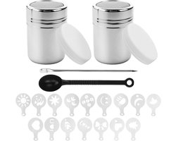 Cacaoshaker Set - Zilver - 5 x 7,5 cm - Roestvrij Staal met Deksels en 16 Koffievormen - Voor Latte Art en Desserts