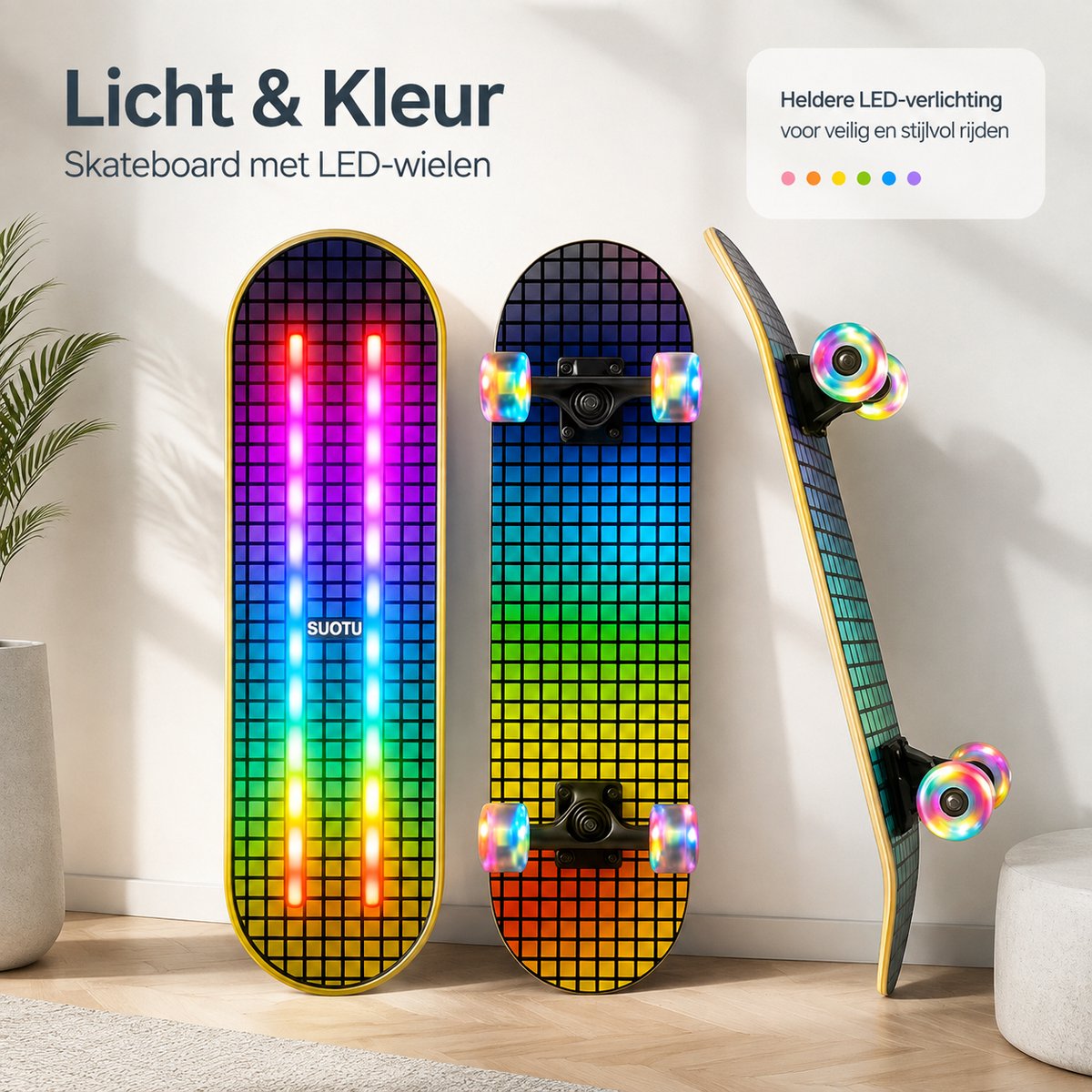Suotu Skateboard met LED Lichtgevend Dek & Wielen - 80x20cm - ABEC-9 - 95A - Schokabsorptie - Jongens - Meisjes - Volwassenen Skateboards - Gekleurd raster — afbeelding 5