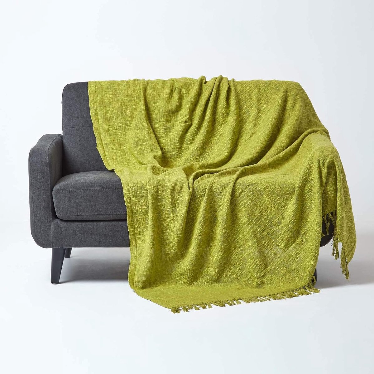 Sprei/bankovertrek/deken/plaid Nirvana in groen - 255 x 360 cm - handgeweven van 100% puur katoen, knooplook met franjes