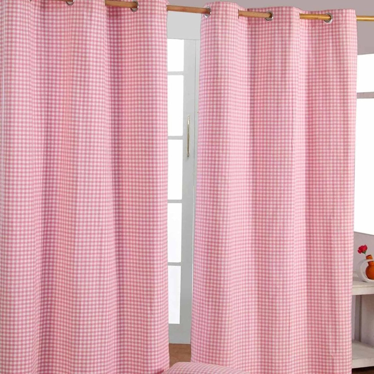 Roze Gingham Check Ooggordijn Paar 100% Katoen 117cm (46") Breed x 137cm (54") Drop
