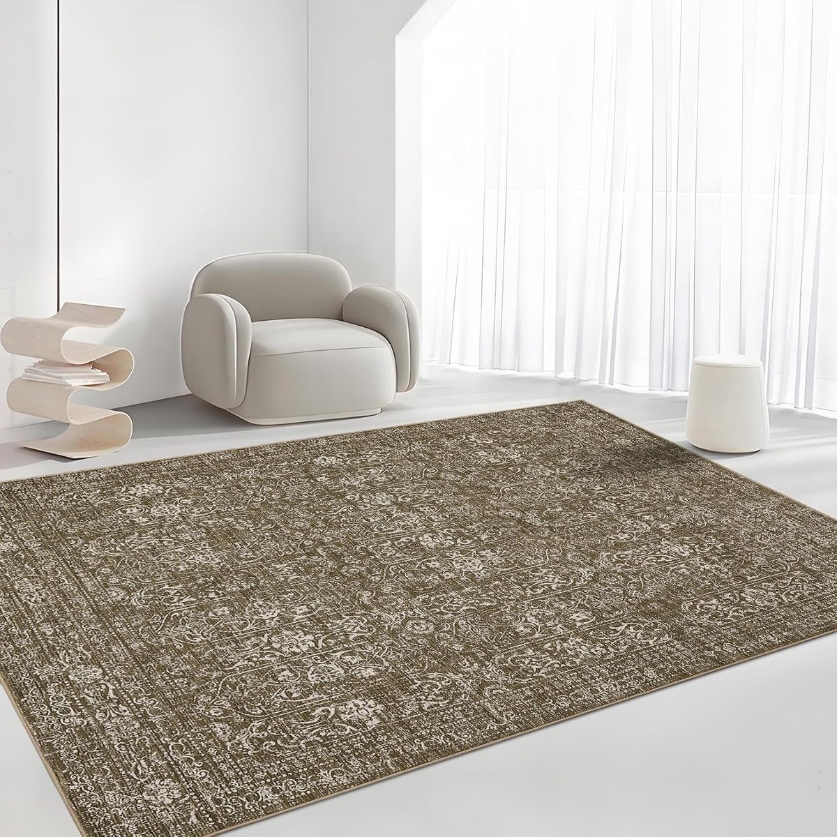 Oosters Vintage Vloerkleed - Wasbaar Antislip Kortpolig Bloemmotief - Camel - 120x170 cm