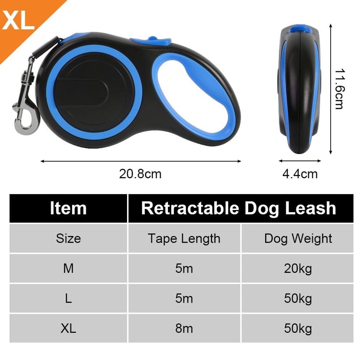 Intrekbare Hondenriem - Blauw - 8 m - Nylon Intrekbare Riem voor Honden tot 50 kg - Voor Wandelen en Training