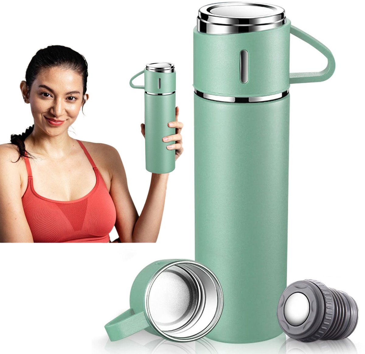 COVREO Thermosbeker 500 ml groen, RVS met handgreep en lekvrije dop