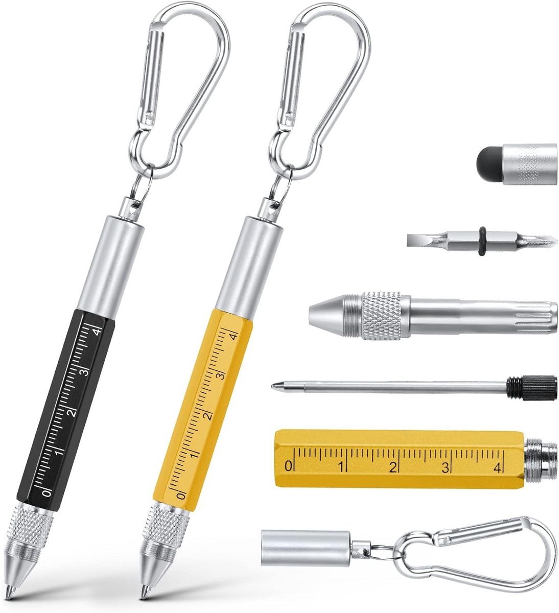 Multifunctionele 6-in-1 Gereedschap Pen, Balpen, Touchscreen Stylus, Liniaal, Carabiner en Schroevendraaiers voor Mannen en Vaderdag Cadeaus (Zwart Geel)