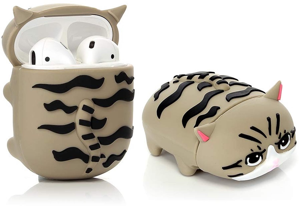 SolidKeus - Siliconen Beschermhoes voor Airpods 1 en 2 met Grijze Kat