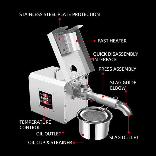 Oliepers Machine - Olie Molen - Thuis Olie Maken - Automatische Temperatuurregeling - 300W Vermogen - Zilver — afbeelding 3