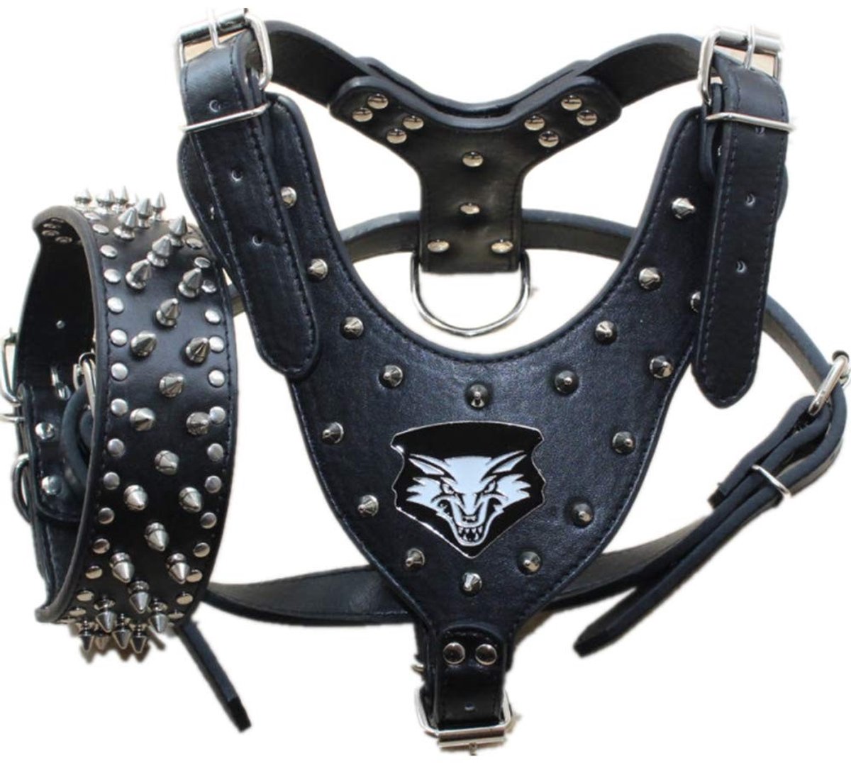 SolidKeus - Hondenhalsband en Tuig Set van Leer met Spikes voor Grote Honden