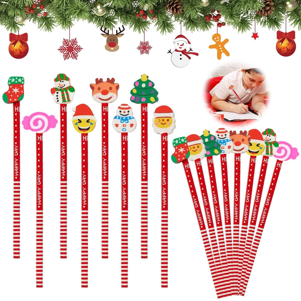 SolidKeus - 24 Stuks Kerst Potloden met Gum voor Kinderen
