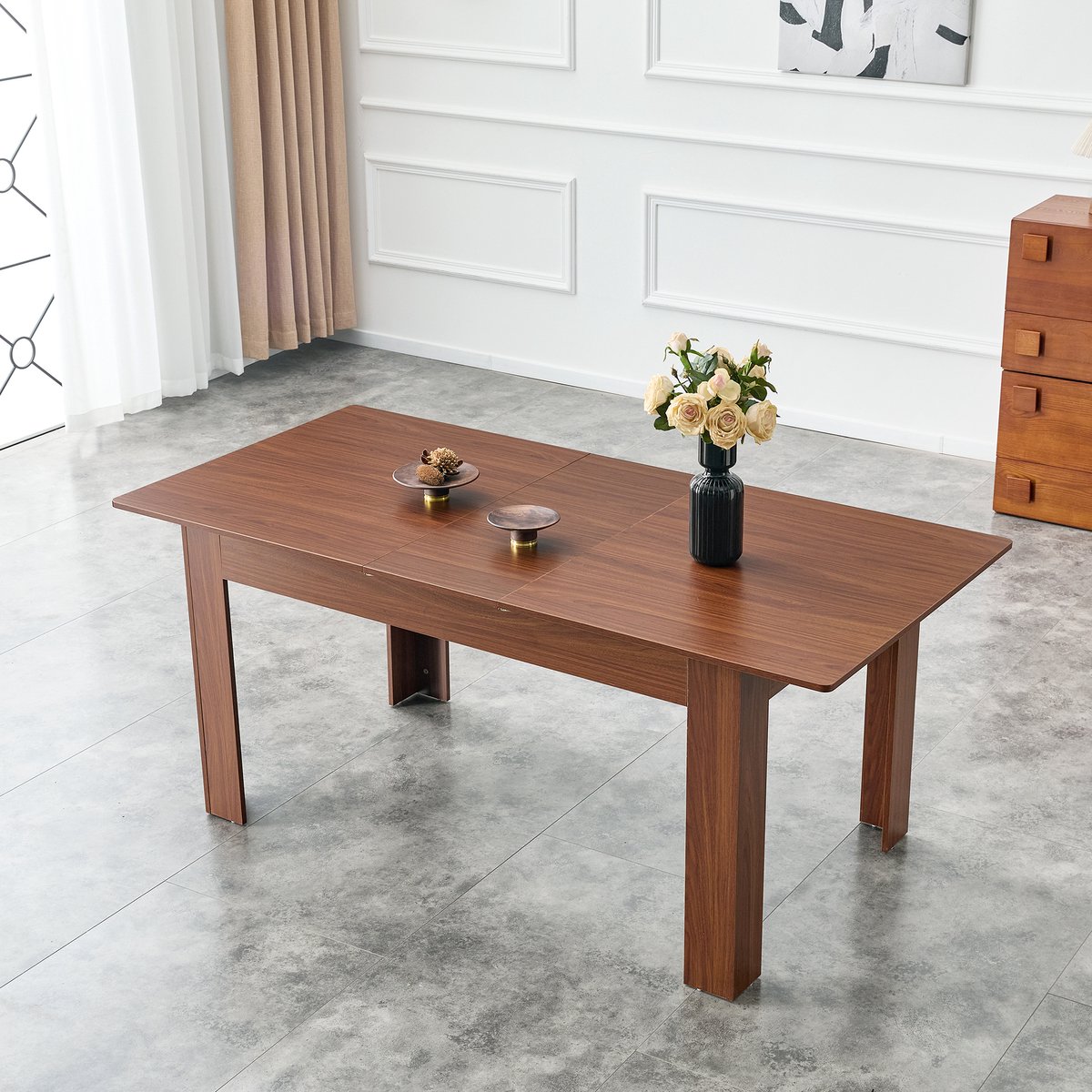 FloraGrace Eettafel - Uitschuifbaar Rechthoekig Design Met 2 Verlengbladen - Modern Voor Keuken En Woonkamer - MDF - Walnoot - 220x88,5x77 Cm
