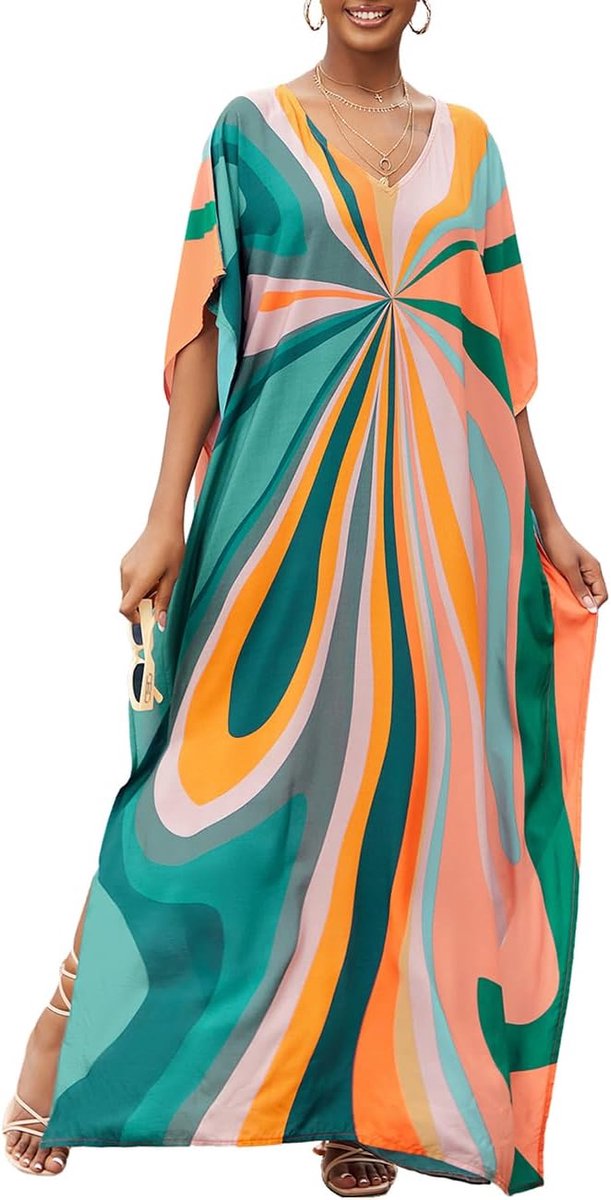 Kaftanjurken, dames, bedekking voor badpak, strandkaftan in effen kleur, loungewear