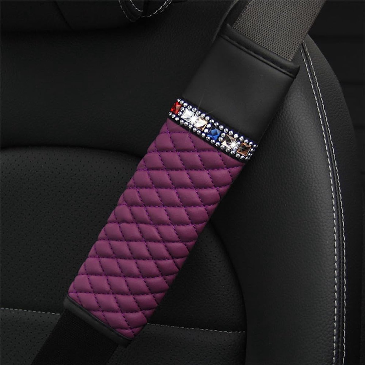 2 stuks autogordelkussens, PU-leer, kristal, glitter, bling bling, autogordelbescherming, bekleding voor zitgordel in de auto, gordelkussen, auto, veiligheidsgordel, schouderkussen, lila