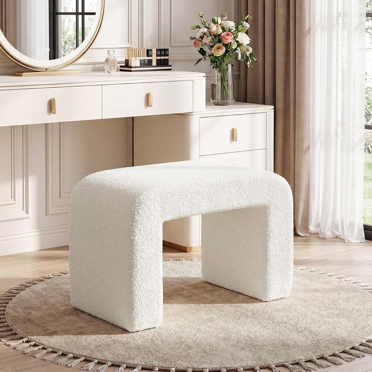 Kapkruk, 60 x 35 x 45 cm, moderne make-upkruk, Sherpa, poef voor woonkamer en slaapkamer, wit