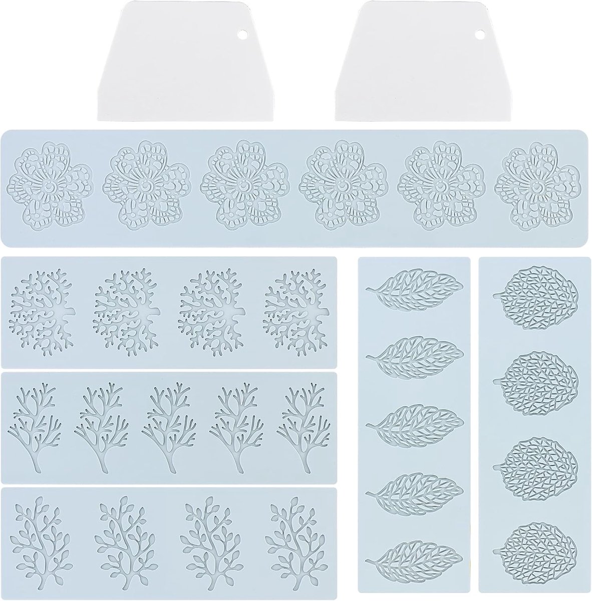 6 stuks vellen siliconen vorm, 3D holle bladeren vorm, doe-het-zelf taartdecoratie vormen, met 2 stuks plastic schrapers, voor fondant, chocolade, koekjes