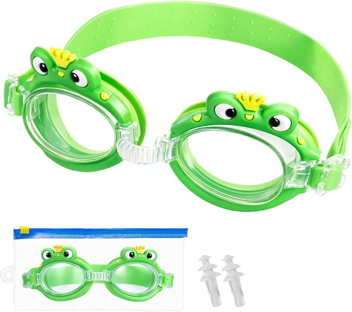 Schattige kikkerkoning, zwembril voor jongens en kinderen van 4-14 jaar, dierenwaterzwembril met brede glazen, uv-bescherming, lekvrij, helder zicht, oordopjes, opbergtas