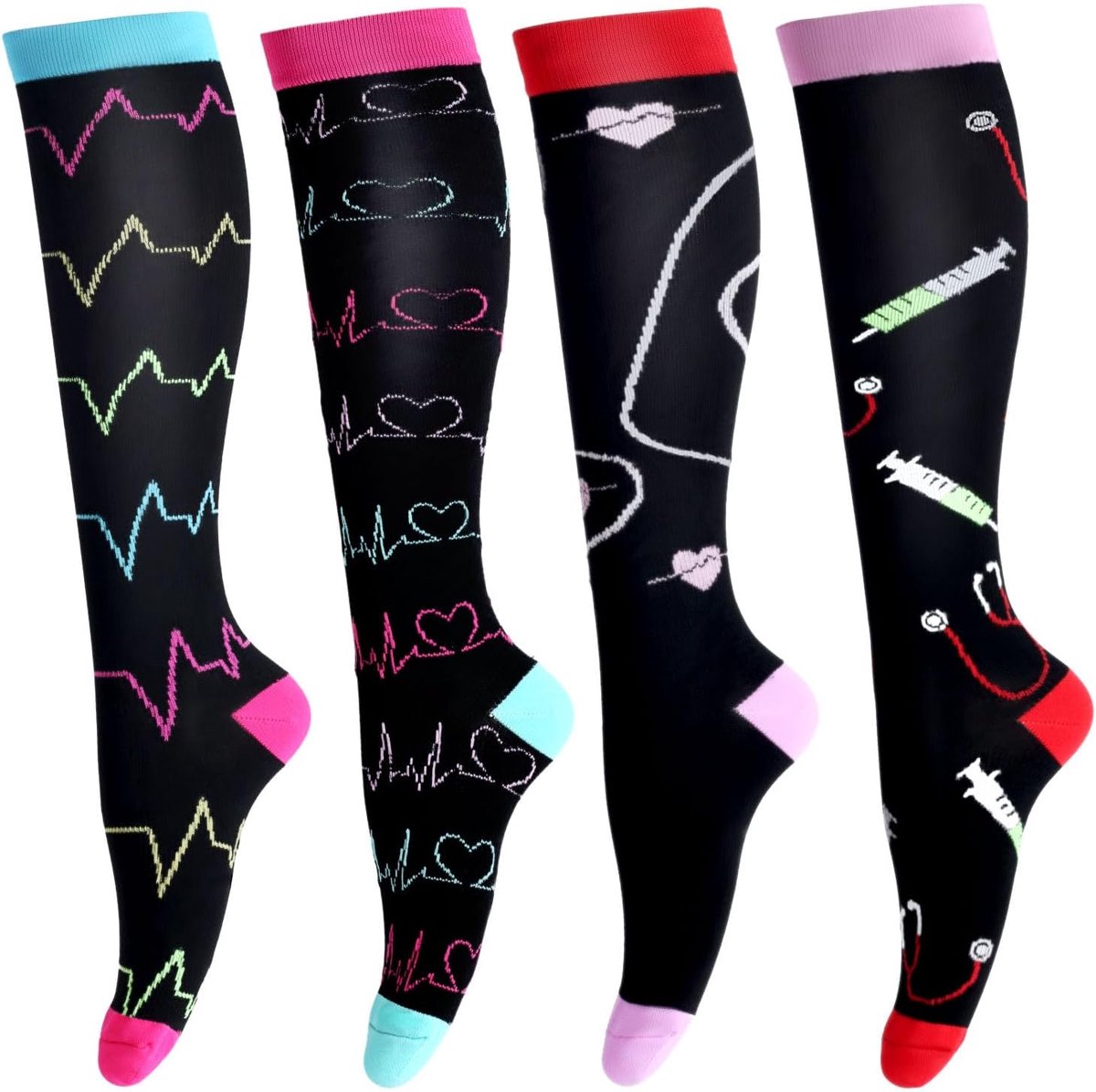 Compressiekousen voor mannen en vrouwen (4 paar) antislip lange schacht ondersteuning kous ideaal voor hardlopen, reizen, vlucht
