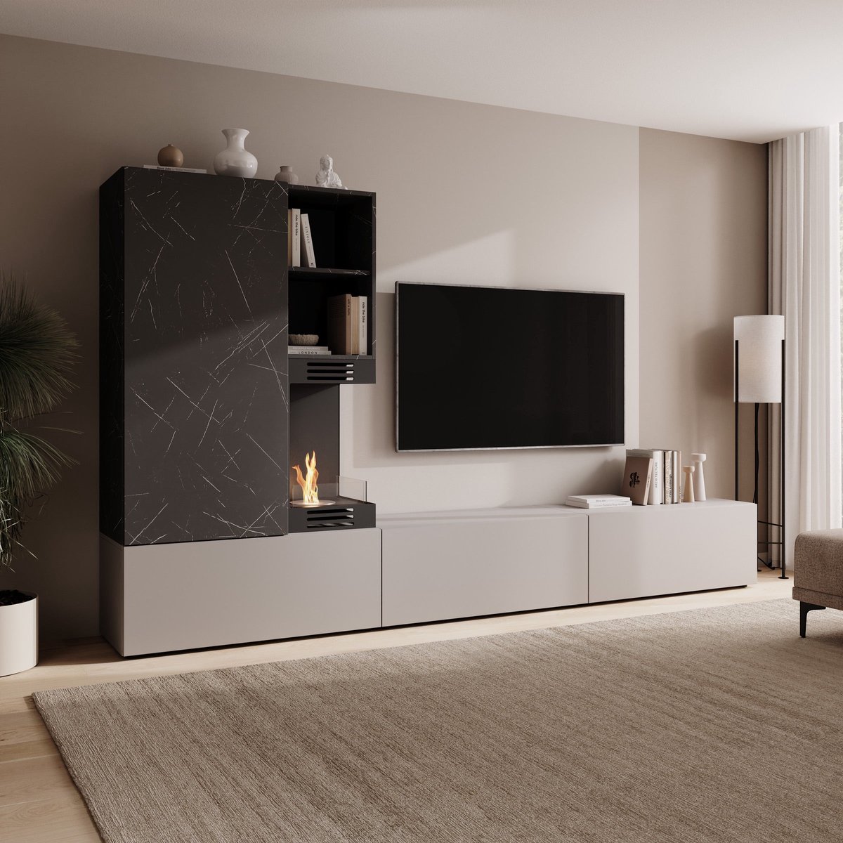 Meubella - Giordo - Wandmeubel - Greige/Zwart - Sfeerhaard 270x40x158cm