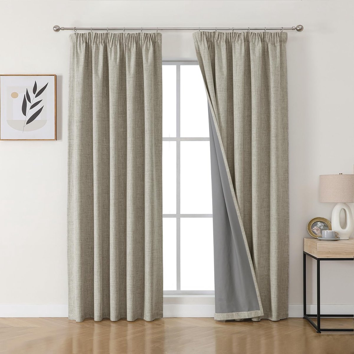 100% verduisteringsgordijnen, linnen, met plooiband, set van 2, 229 x 167 cm, linnen, thermogordijn, koudebescherming, ondoorzichtig, geluidsisolatie, ideaal voor woonkamer, past bij