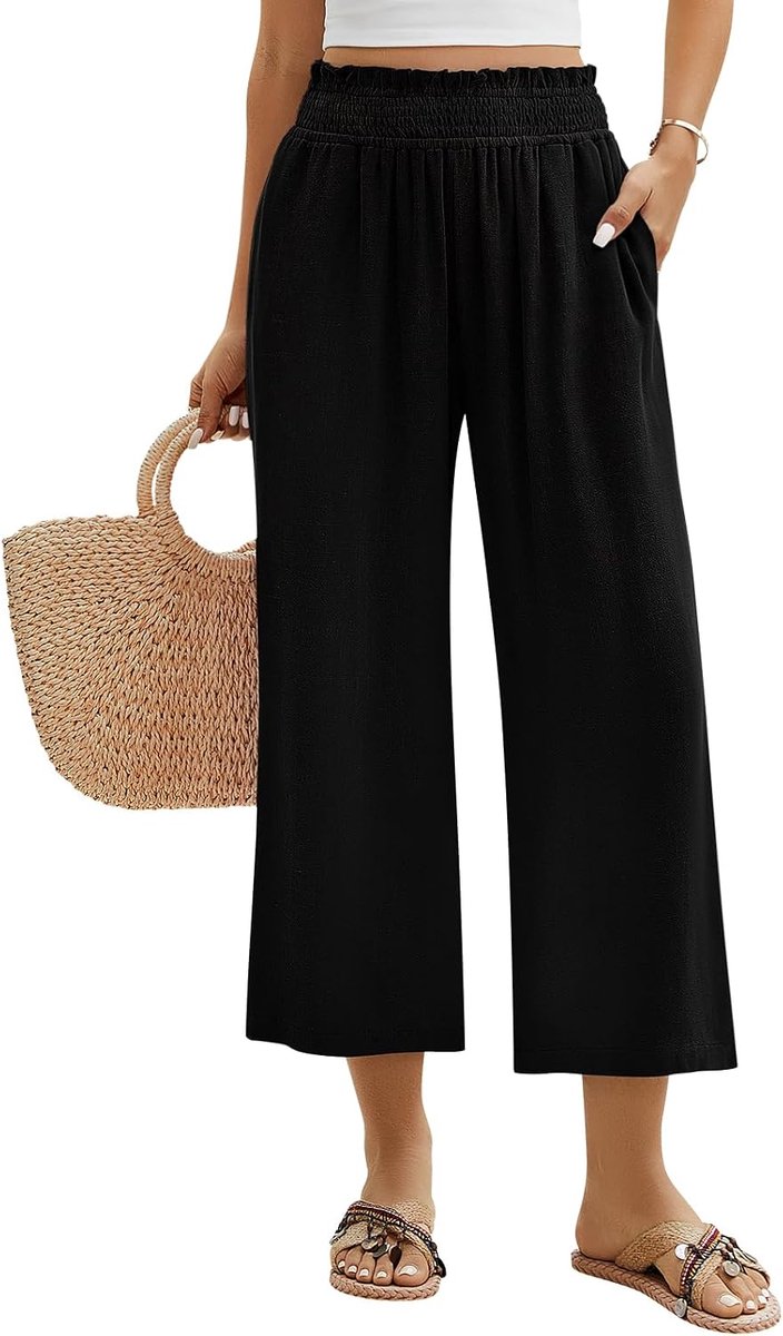 Vrouwen Zomer Linnen Katoenen Broek Wijde Pijpen Bijgesneden Broek Hoge Taille Elastische 3/4 Broek Rechte Losse Casual Lichtgewicht Broek met Zakken