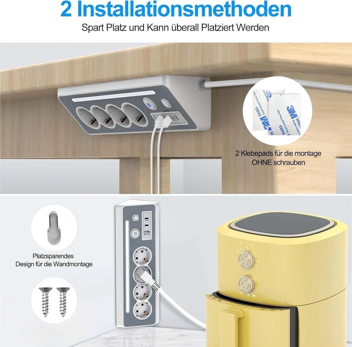 OYLCDI 8-in-1 Hoekstekkerdoos met 4 stopcontacten, 3x USB (30W PD Snelladen) & LED-nachtlampje - Overspanningsbeveiliging
