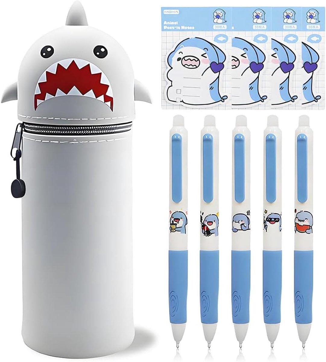 Shark pennenetui in grijs, Shark etui, 2-in-1 potloodetui, 5 neutrale pennen, 4 zelfklevende notities, cadeaus voor jongens en meisjes