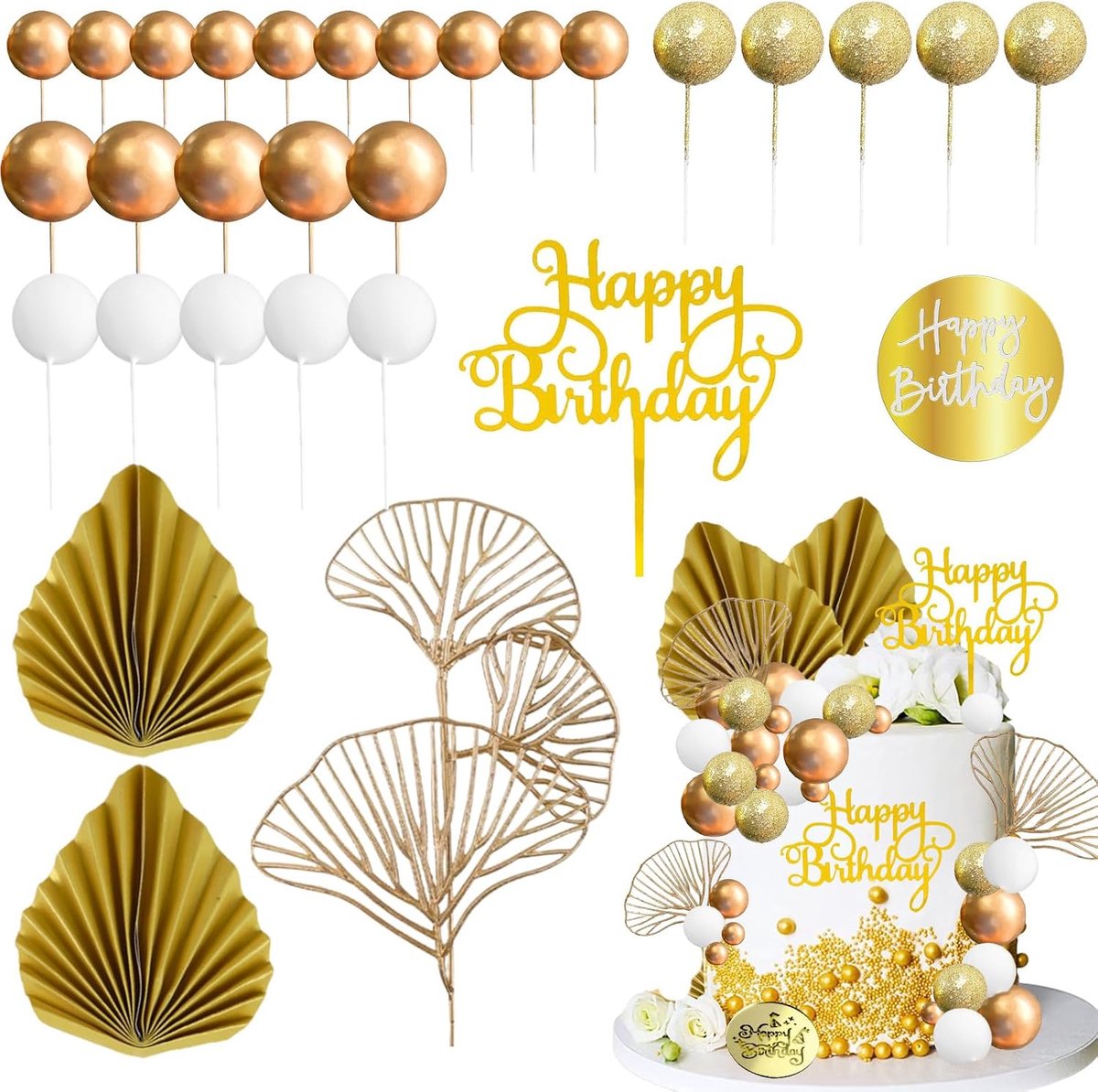 29 stuks taartdecoratie, boho-ballen, taartdecoratie, ballen, goud, wit, taarttopper, gouden decoratie met palmbladeren, voor verjaardag, bruiloft, Valentijnsdag, doe-het-zelf decoratie (platina)